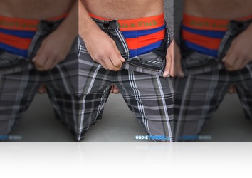 Thursday, February 27th:  Sexy stud Alexander Greene strips down to his blue and orange striped A&F boxer briefs and works a load out of his huge uncut cock! (89 photos)