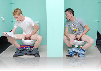 Tuesday, April 27th: Nevin Scott is having a sneaky jerkoff in a bathroom, when Braden Fox just happens to stumble upon him and hear his jerkoff session. Braden notices a hole in the wall, so naturally he lets Nevin suck his dick! Nevin then notices Jesse Jacobs&#039; dick in the other side of the wall, lubed up ready to fuck him!